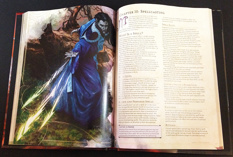 A couple of spellcasting pages from the 5th edition of the Dungeons and Dragons Player's Handbook. 