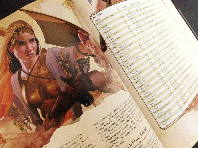 A couple pages on gear and weapons from the 5th edition of the Dungeons and Dragons Player's Handbook