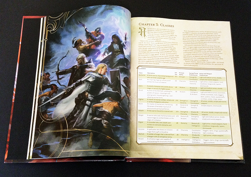 Pages from the 5th Edition Dungeons and Dragons Player's Handbook detailing classes. 